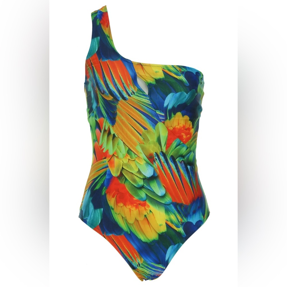 ABS Allen Schwartz Colorful Tropical Vacation One Shoulder One Piece Swimsuit